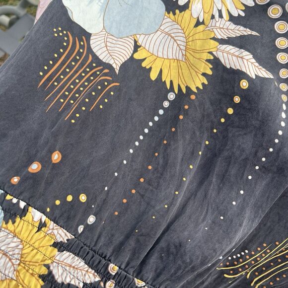 Yumi Kim Black 100% Silk Babydoll Tunic Dress Small Floral V-Neck Short Sleeve - Picture 8 of 13